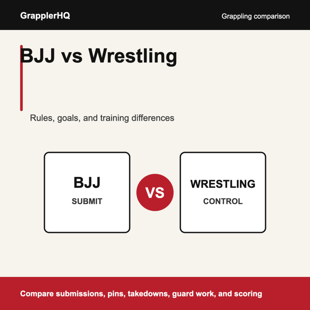 BJJ versus wrestling comparison graphic for submissions pins takedowns and control
