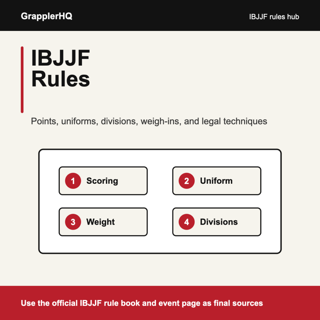 IBJJF rules graphic showing scoring uniform weight and division checks
